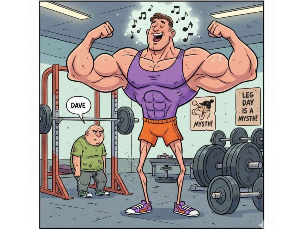 A funny cartoon of a 7-foot gym instructor with huge muscular shoulders and tiny toothpick legs singing into a microphone in a crowded, smelly gym.