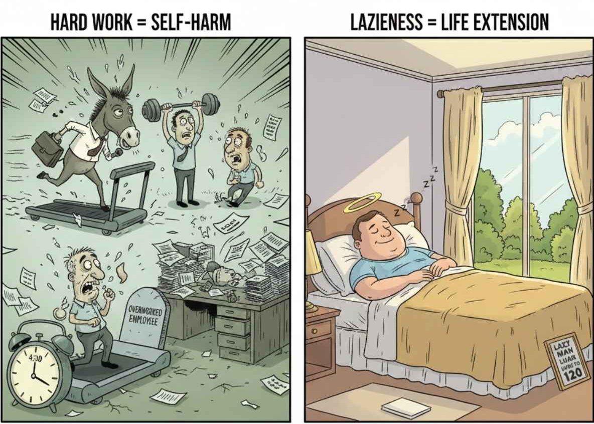 Satirical illustration contrasting the exhausted fate of the hard worker (a donkey running on a treadmill in a bleak, frantic landscape) with the serene rewards of the lazy person (a man peacefully sleeping with a halo in a bed floating on clouds).