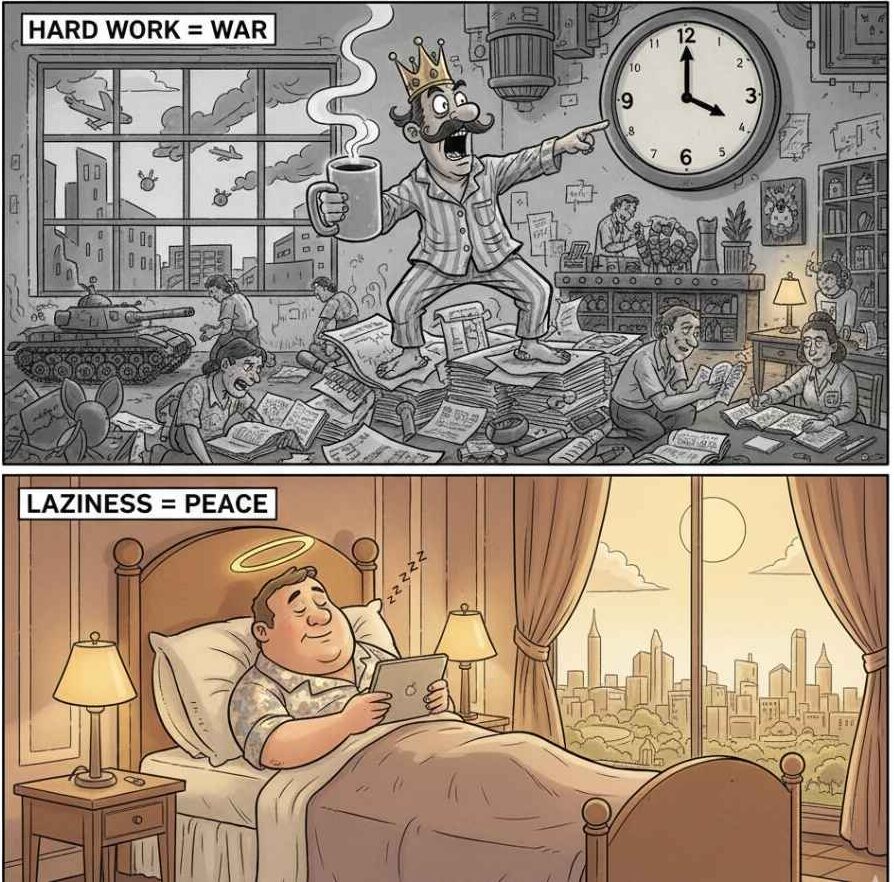 Illustration depicting the causes of war: A manic, coffee-drinking king shouting over a battlefield filled with tanks, contrasting sharply with a peaceful, sleeping king in his bed, emphasizing how laziness prevents conflict.