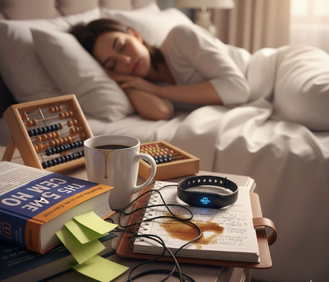 A person is lying on the bed resting comfortably while the side table is full of clutter