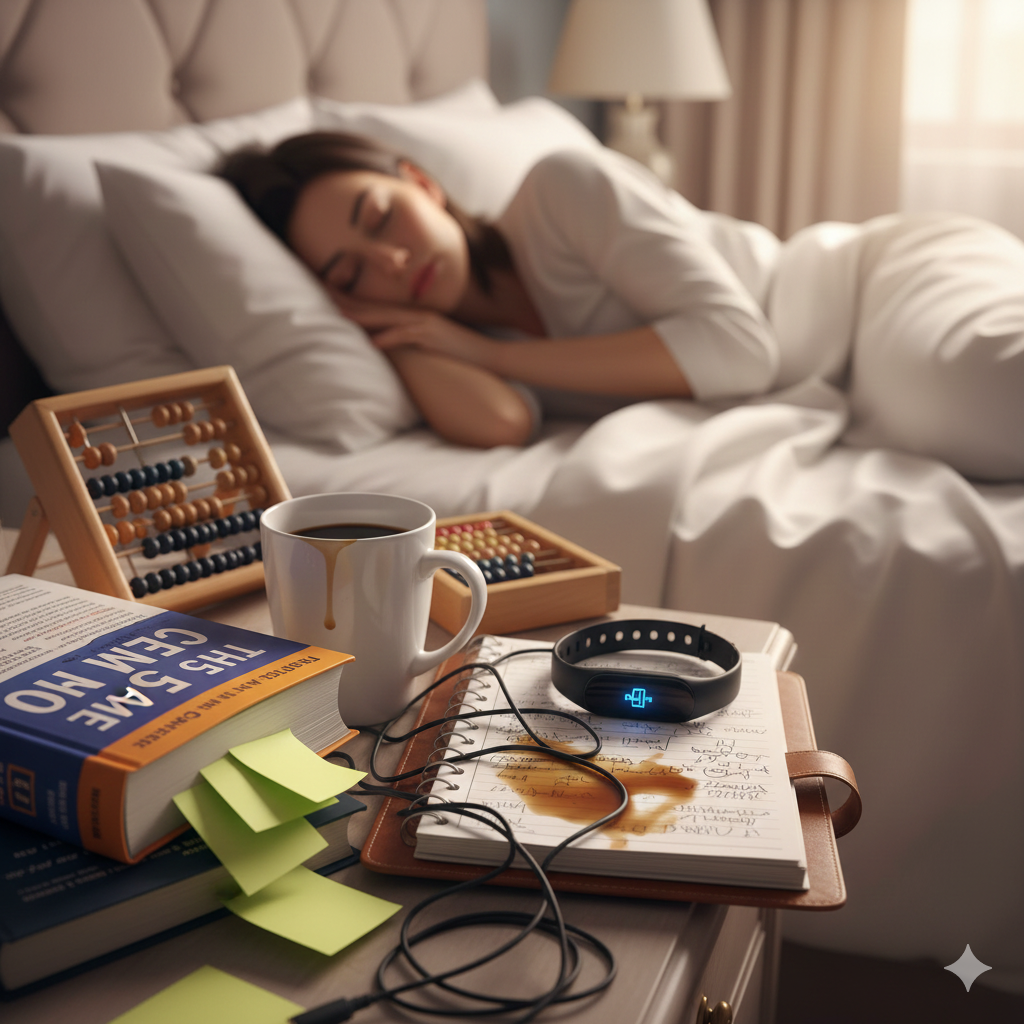 A person is lying on the bed resting comfortably while the side table is full of clutter