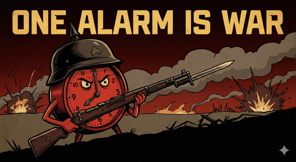 A red, angry alarm clock, with a rifle fighting against humanity, stating that one alarm is war