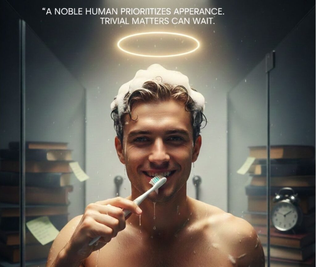 A smug person looking at the mirror feeling proud of himself