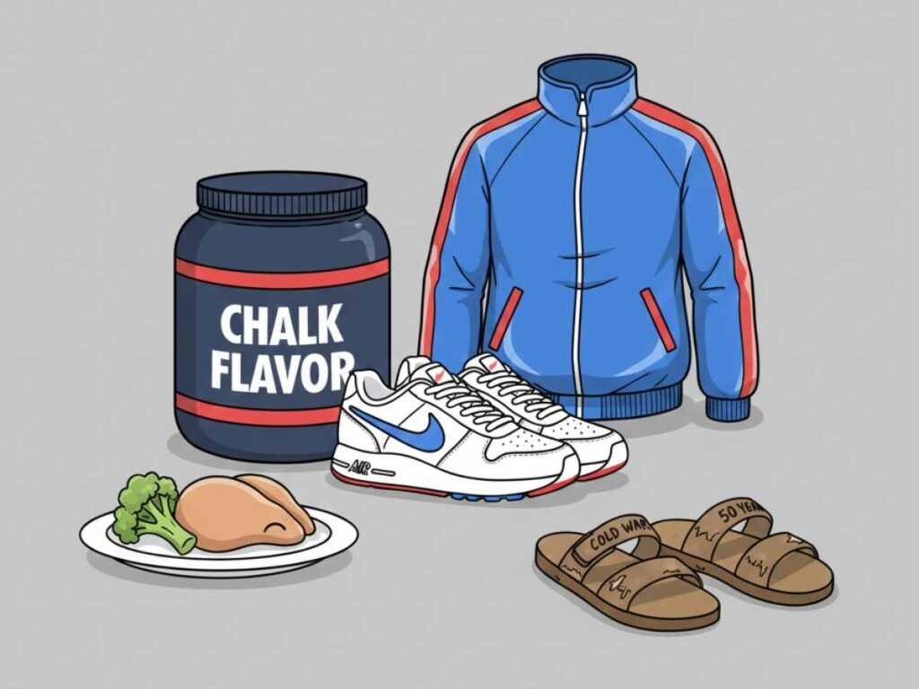 A minimalist illustration comparing expensive Nike sneakers and protein powder to a comfortable pair of old leather sandals on a clean background