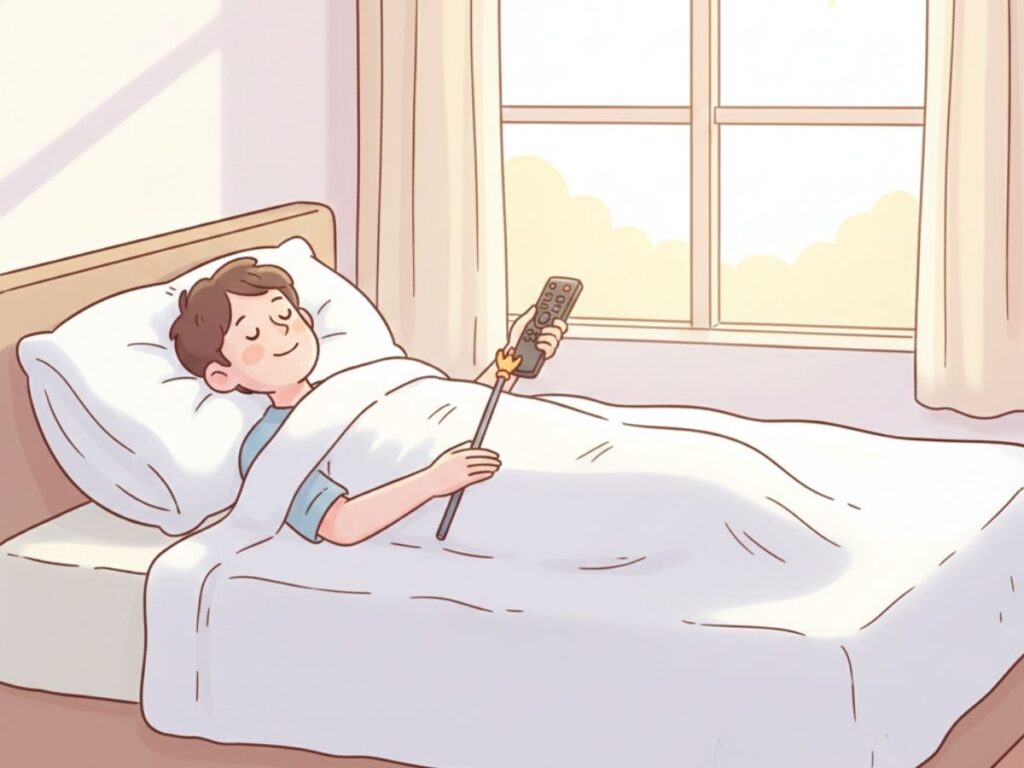 A peaceful 2D cartoon of a person sleeping blissfully on a cloud-like bed holding a TV remote, representing the Noble Path of staying horizontal.