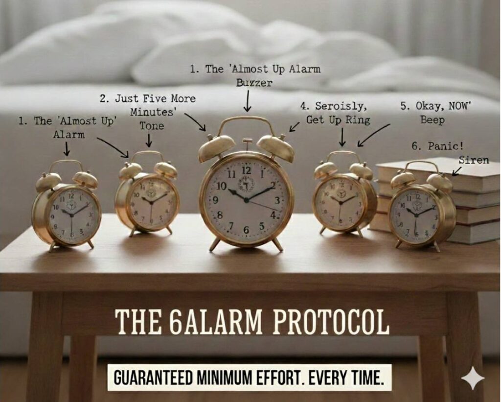 6 Alarm clocks on the table showing different time and a purpose