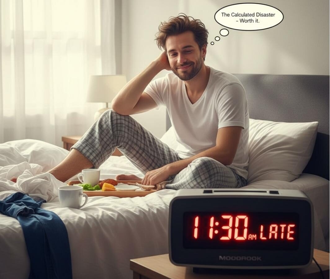 A smug person looking extremely satisfied by himself after getting late