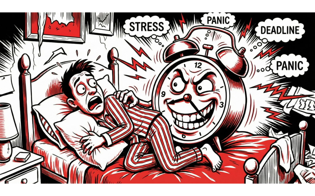 Person in bed stressed by one alarm, illustrating waking up anxiety