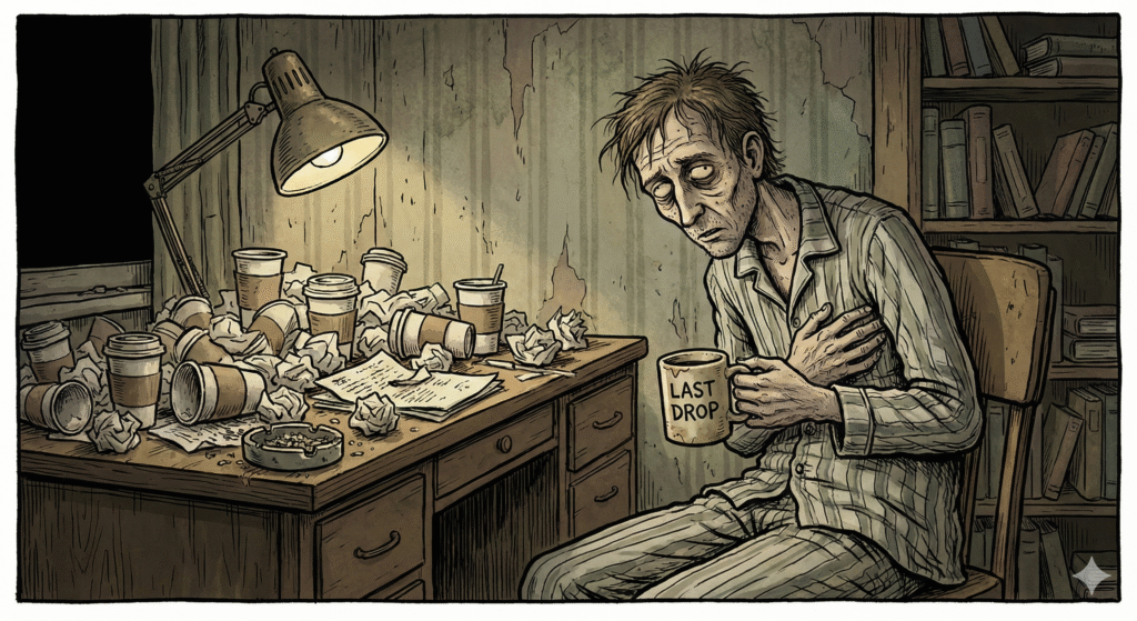 A person sick because of one alarm and has turned into a coffee-hoarding wretch