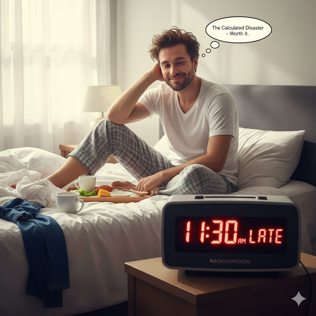  A smug man showing satisfaction after getting late