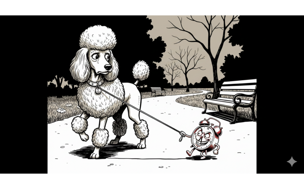 Poodle on leash held by alarm clock, symbolizing lost free will from single alarm