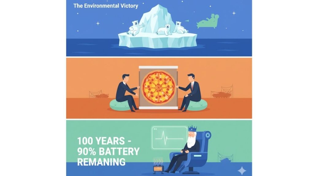 A three-panel 2D flat illustration titled 'The Messiah of Stillness,' featuring happy polar bears on stable ice, world leaders finding peace through Hawaiian pizza, and a 100-year-old man playing Dota 2 in a recliner with a space heater