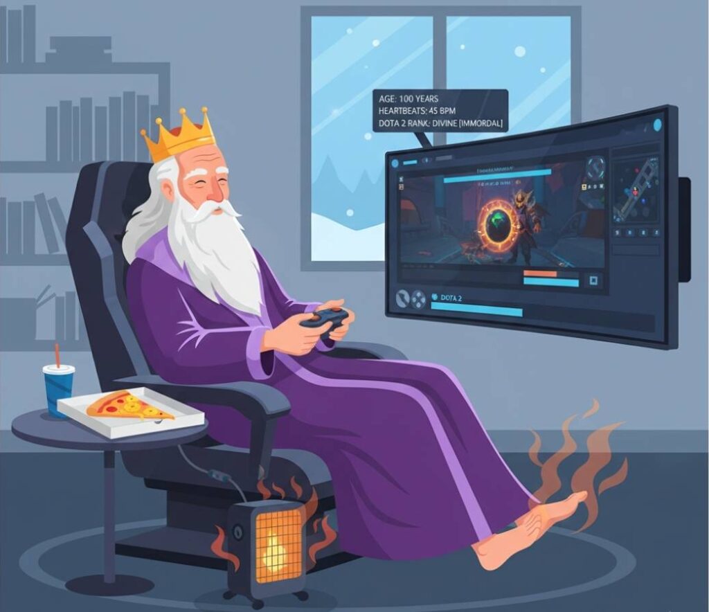 A 2D vector illustration of a relaxed 100-year-old lazy bum wearing a crown, sitting in a reclining chair and playing a video game with a space heater nearby, showing high life expectancy through a low-stress, horizontal lifestyle.