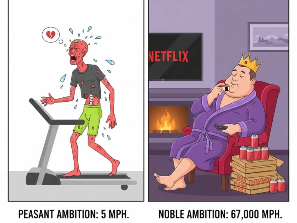 A minimalist 2D graphic of a person on a couch traveling through space at 67,000 miles per hour, illustrating the physics of inactivity.