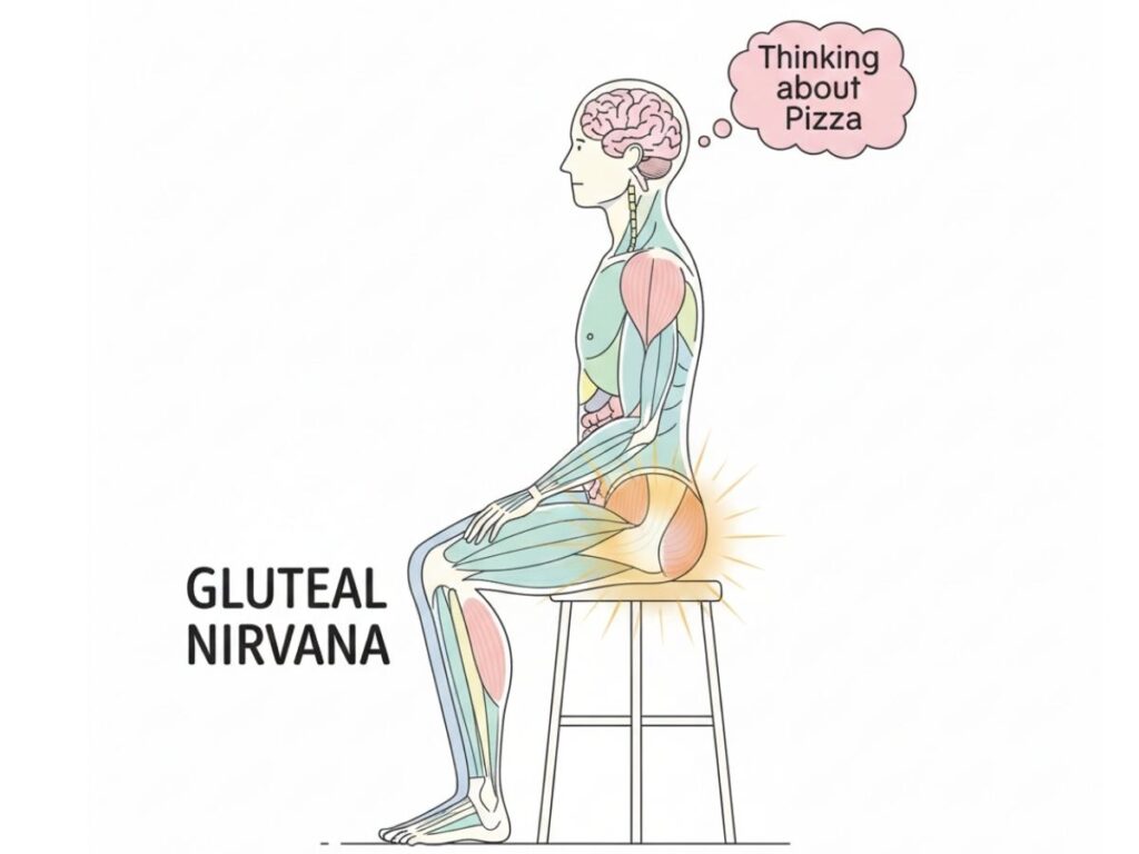A funny 2D medical diagram of gluteal amnesia showing a sitting person with a golden aura around their muscles, symbolizing evolution.