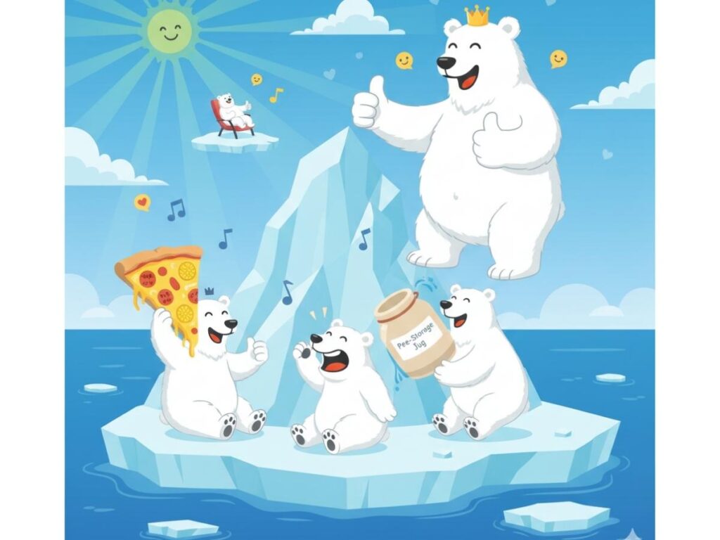 A 2D flat illustration of several happy polar bears lounging on a massive, stable iceberg in a clean blue ocean, representing a healthy environment saved by reduced CO2 emissions.