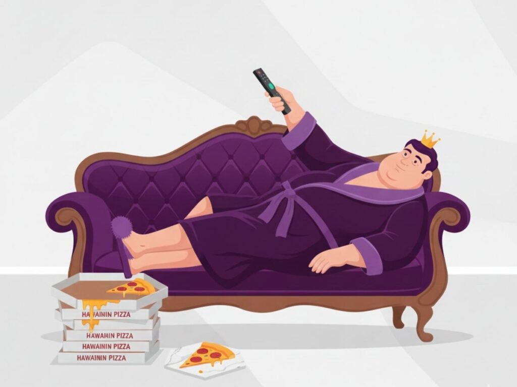 A 2D flat illustration of a lazy bum wearing a royal crown while laying horizontally on a sofa, defining modern nobility and stillness.