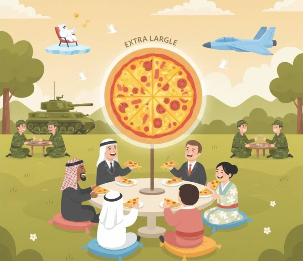 A 2D minimalist graphic showing a giant Hawaiian pizza on a globe, with world leaders sitting peacefully on the ground below, symbolizing global harmony and the end of war through simple desires.