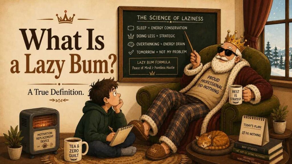 Cartoon-style illustration of a lazy king teaching a young boy the philosophy of laziness in a cozy room, with a chalkboard titled ‘The Science of Laziness’ and warm vintage editorial styling.